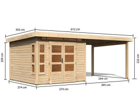 Karibu Holz-Gartenhaus Kastorf 6 + 3,2m Anbaudach - 28mm Elementhaus - Pultdach - natur