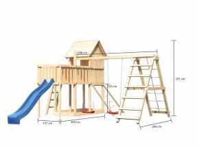 Karibu Stelzenhaus Frieda + Rutsche blau + Doppelschaukel mit Klettergerüst + Anbauplattform + Netzrampe