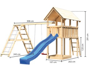 Akubi Spielturm Danny + Rutsche blau + Doppelschaukel mit Klettergerüst