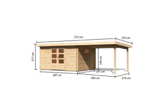 Karibu Holz-Gartenhaus Trittau 5 + 3,3m Anbaudach - 38mm Blockbohlenhaus - Pultdach - natur