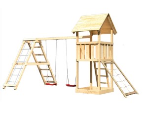 Akubi Spielturm Lotti + Doppelschaukel mit Klettergerüst + Netzrampe