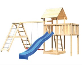Karibu Spielturm Lotti + Rutsche blau + Doppelschaukel mit Klettergerüst + Anbauplattform