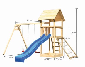 Akubi Spielturm Lotti + Rutsche blau + Doppelschaukel + Netzrampe