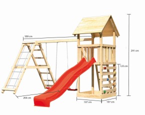 Karibu Spielturm Lotti + Rutsche rot + Doppelschaukel mit Klettergerüst + Kletterwand