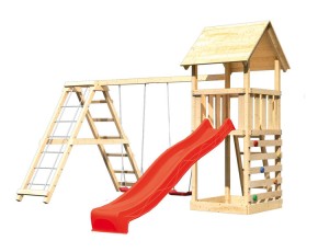 Akubi Spielturm Lotti + Rutsche rot + Doppelschaukel mit Klettergerüst + Kletterwand