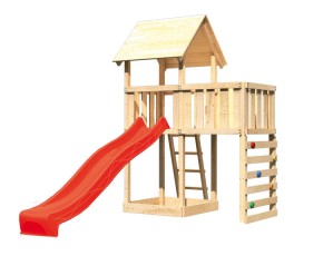 Akubi Spielturm Lotti + Rutsche rot + Anbauplattform + Kletterwand