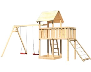 Akubi Spielturm Lotti + Doppelschaukel mit Klettergerüst + Anbauplattform + Netzrampe