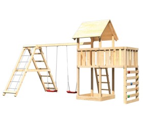 Akubi Spielturm Lotti + Doppelschaukel mit Klettergerüst + Anbauplattform + Kletterwand