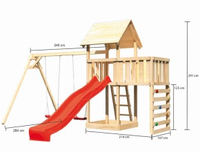 Akubi Spielturm Lotti + Rutsche rot + Doppelschaukel + Anbauplattform + Kletterwand