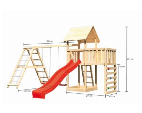 Akubi Spielturm Lotti + Rutsche rot + Doppelschaukel mit Klettergerüst + Anbauplattform + Kletterwand