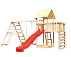Akubi Spielturm Lotti + Rutsche rot + Doppelschaukel mit Klettergerüst + Anbauplattform + Kletterwand