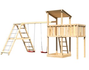 Akubi Spielturm Anna + Doppelschaukel mit Klettergerüst + Anbauplattform