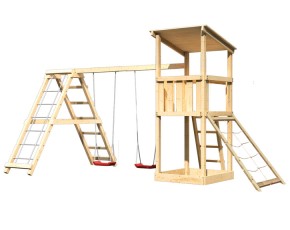 Akubi Spielturm Anna + Doppelschaukel mit Klettergerüst + Netzrampe