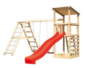 Akubi Spielturm Anna + Rutsche rot + Doppelschaukel mit Klettergerüst + Kletterwand