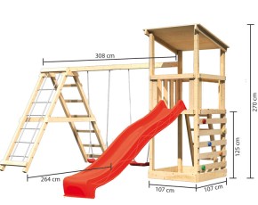 Akubi Spielturm Anna + Rutsche rot + Doppelschaukel mit Klettergerüst + Kletterwand