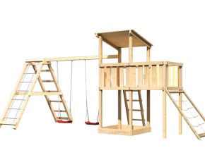 Akubi Spielturm Anna + Doppelschaukel mit Klettergerüst + Anbauplattform + Netzrampe