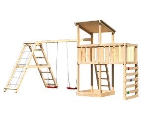 Akubi Spielturm Anna + Doppelschaukel mit Klettergerüst + Anbauplattform + Kletterwand