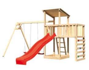 Akubi Spielturm Anna + Rutsche rot + Doppelschaukel + Anbauplattform + Kletterwand