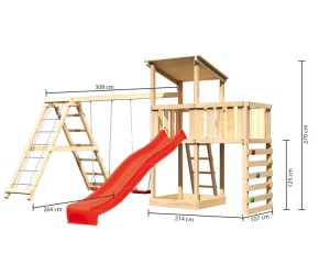 Akubi Spielturm Anna + Rutsche rot + Doppelschaukel mit Klettergerüst + Anbauplattform + Kletterwand