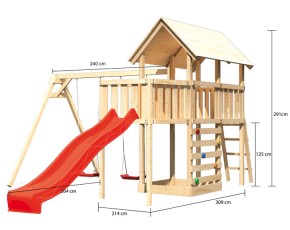 Akubi Spielturm Danny + Rutsche rot + Doppelschaukel + Kletterwand + Anbauplattform