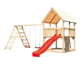 Akubi Spielturm Luis + Rutsche rot + Doppelschaukel mit Klettergerüst + Kletterwand