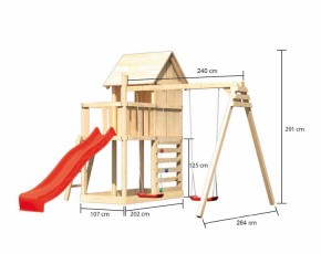 Akubi Stelzenhaus Frieda + Rutsche rot + Doppelschaukel + Kletterwand