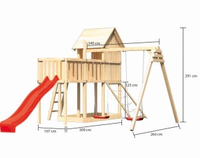 Akubi Stelzenhaus Frieda + Rutsche rot + Doppelschaukel + Anbauplattform + Netzrampe