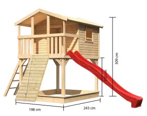Akubi Stelzenhaus Benjamin + Rutsche rot + Holzrampe - natur