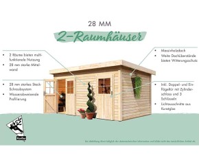 Karibu Holz-Gartenhaus Mattrup - 28mm Elementhaus - 2-Raum-Gartenhaus - Pultdach - natur