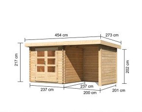 Karibu Holz-Gartenhaus Bastrup 2 + 2m Anbaudach + Seiten + Rückwand - 28mm Blockbohlenhaus - Gartenhaus Lounge - Pultdach - natur