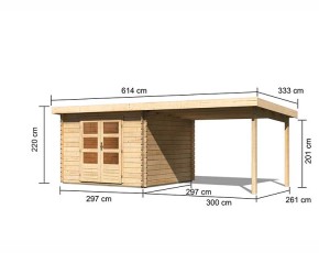 Karibu Holz-Gartenhaus Bastrup 5 + 3m Anbaudach - 28mm Blockbohlenhaus - Pultdach - natur