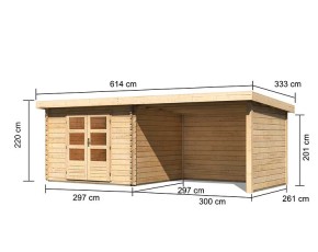 Karibu Holz-Gartenhaus Bastrup 5 + 3m Anbaudach + Seiten + Rückwand - 28mm Blockbohlenhaus - Gartenhaus Lounge - Pultdach - natur