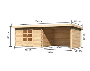 Karibu Holz-Gartenhaus Bastrup 7 + 3m Anbaudach + Seiten + Rückwand - 28mm Blockbohlenhaus - Gartenhaus Lounge - Pultdach - natur