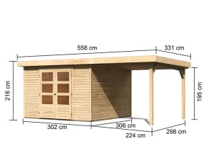 Karibu Holz-Gartenhaus Askola 6 + 2,4m Anbaudach - 19mm Elementhaus - Flachdach - natur