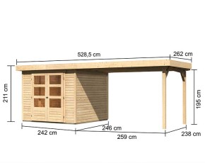 Karibu Holz-Gartenhaus Askola 3,5 + 2,8m Anbaudach - 19mm Elementhaus - Flachdach - natur