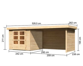Karibu Holz-Gartenhaus Askola 3,5 + 2,8m Anbaudach + Seiten + Rückwand - 19mm Elementhaus - Flachdach - natur