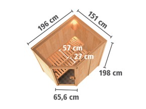Karibu Innensauna Saja + 3,6kW Plug&Play Saunaofen + externe Steuerung Easy - 68mm Elementsauna - Ganzglastür graphit - 230V Sauna - Ecksauna