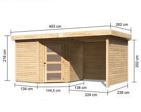 Karibu Holz-Gartenhaus Schwandorf 5 + 2,4m Anbaudach + Seiten + Rückwand - 19mm Elementhaus - 5-Eck-Gartenhaus - Flachdach - natur