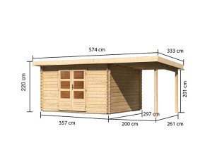 Karibu Holz-Gartenhaus Bastrup 7 + 2m Anbaudach - 28mm Blockbohlenhaus - Pultdach - natur