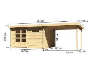 Karibu Holz-Gartenhaus Bastrup 8 + 3m Anbaudach - 28mm Blockbohlenhaus - Pultdach - natur