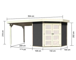 Karibu Holz-Gartenhaus Goldendorf 3 + 2,8m Anbaudach - 19mm Elementhaus - 5-Eck-Gartenhaus - Flachdach - terragrau