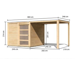 Karibu Holz-Gartenhaus Quibic 1 + 2,4m Anbaudach - 19mm Elementhaus - Flachdach - natur