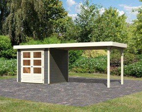 Karibu Holz-Gartenhaus Askola 2 + 2,8m Anbaudach - 19mm Elementhaus - Flachdach - terragrau