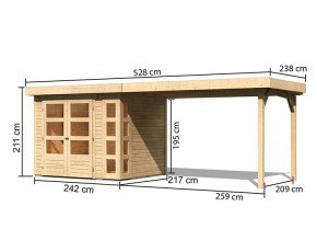 Karibu Holz-Gartenhaus Kerko 3 + 2,8m Anbaudach - 19mm Elementhaus - Flachdach - natur
