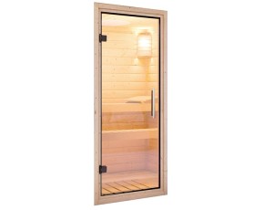 Karibu Innensauna Larin + Dachkranz + 9kW Saunaofen + integrierte Steuerung - 68mm Elementsauna - Ganzglastür klar - Ecksauna