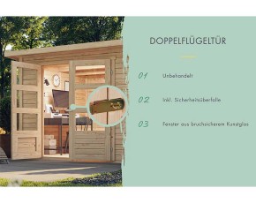 Karibu Holz-Gartenhaus Retola 2 + Anbauschrank + 2,4m Anbaudach - 19mm Elementhaus - Flachdach - natur