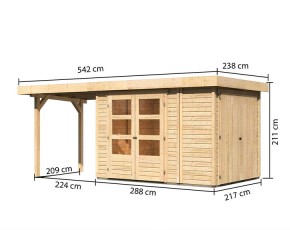 Karibu Holz-Gartenhaus Retola 2 + Anbauschrank + 2,4m Anbaudach - 19mm Elementhaus - Flachdach - natur