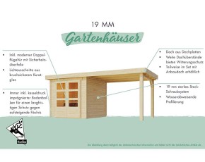 Karibu Holz-Gartenhaus Retola 3 + Anbauschrank + 2,4m Anbaudach - 19mm Elementhaus - Flachdach - natur