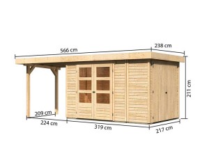 Karibu Holz-Gartenhaus Retola 3 + Anbauschrank + 2,4m Anbaudach - 19mm Elementhaus - Flachdach - natur