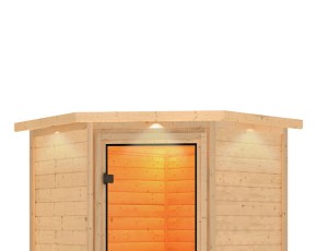 Karibu Innensauna Larin + Dachkranz + 9kW Bio-Kombiofen + externe Steuerung - 68mm Elementsauna - Ganzglastür klar - Ecksauna